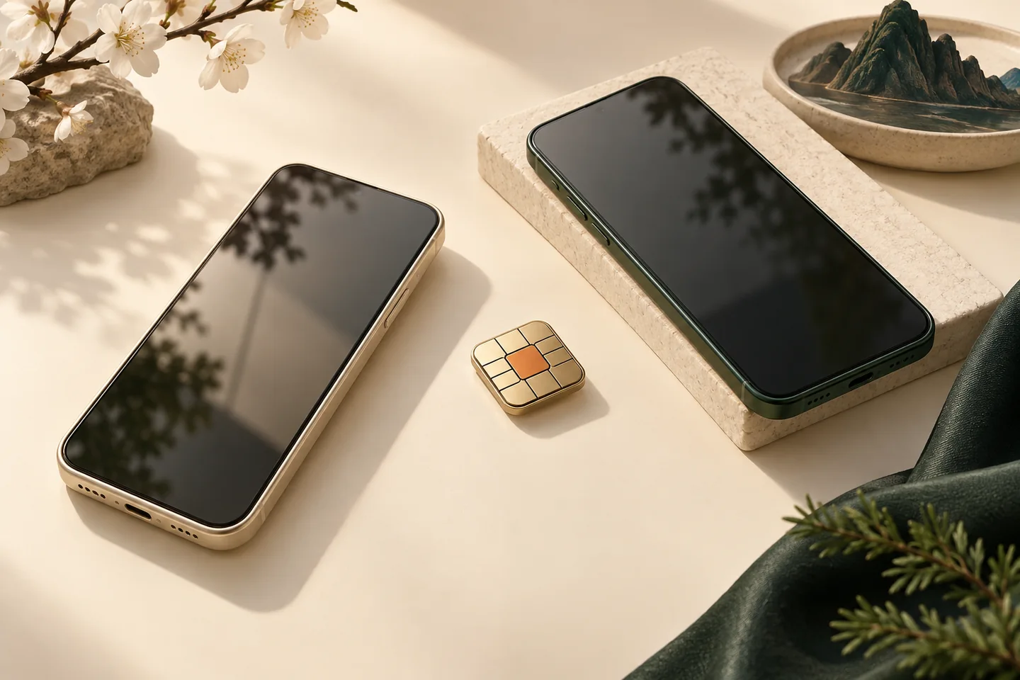 스마트폰과 작은 eSIM 칩을 배치한 설치 콘셉트 이미지